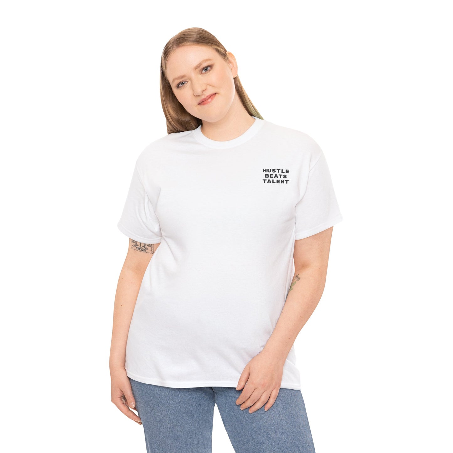 White Plain Hustle Beats Talent Heavy Cotton Tee